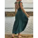 Backless Elasticity Lace-Up Pleated Solid Color Split-Joint Loose Sleeveless Square-Neck Maxi Dresses