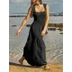 Backless Elasticity Lace-Up Pleated Solid Color Split-Joint Loose Sleeveless Square-Neck Maxi Dresses