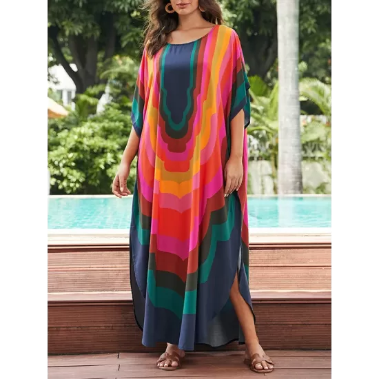 Contrast Color Printed Sun Protection Batwing Sleeves Loose Round-Neck Maxi Dresses