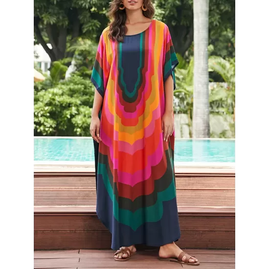 Contrast Color Printed Sun Protection Batwing Sleeves Loose Round-Neck Maxi Dresses