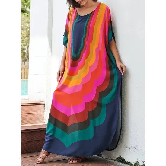 Contrast Color Printed Sun Protection Batwing Sleeves Loose Round-Neck Maxi Dresses