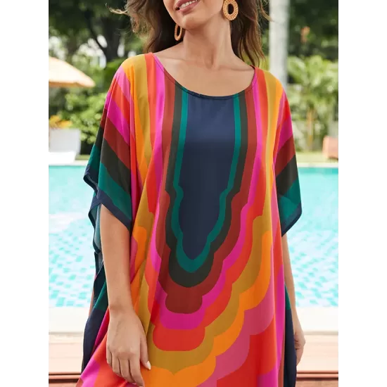 Contrast Color Printed Sun Protection Batwing Sleeves Loose Round-Neck Maxi Dresses