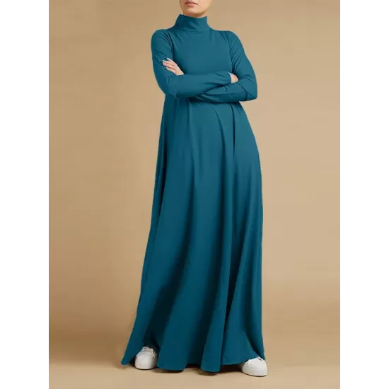 Casual Loose 4 Colors High-Neck Long Sleeves Maxi Dress