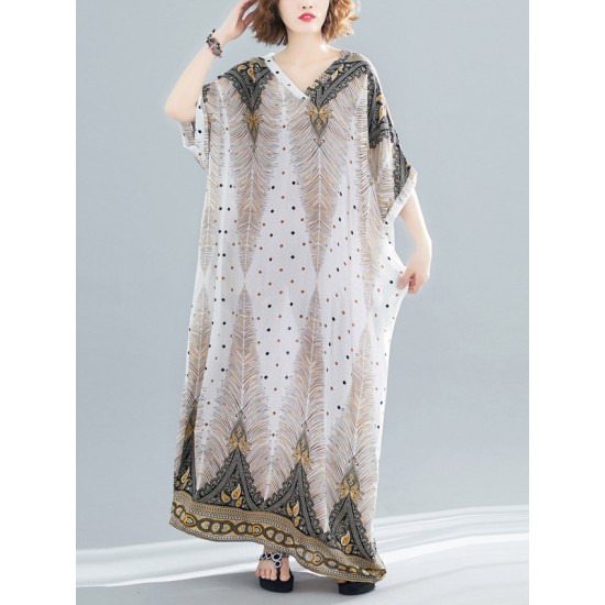 Ethnic Printed Plus Size V-Neck Batwing Sleeve Maxi Dress