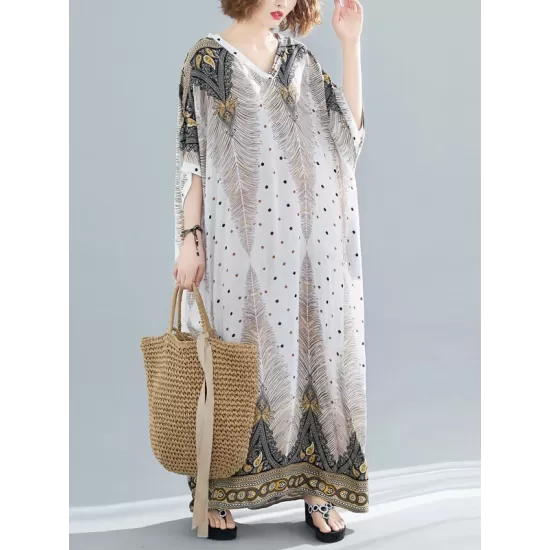 Ethnic Printed Plus Size V-Neck Batwing Sleeve Maxi Dress