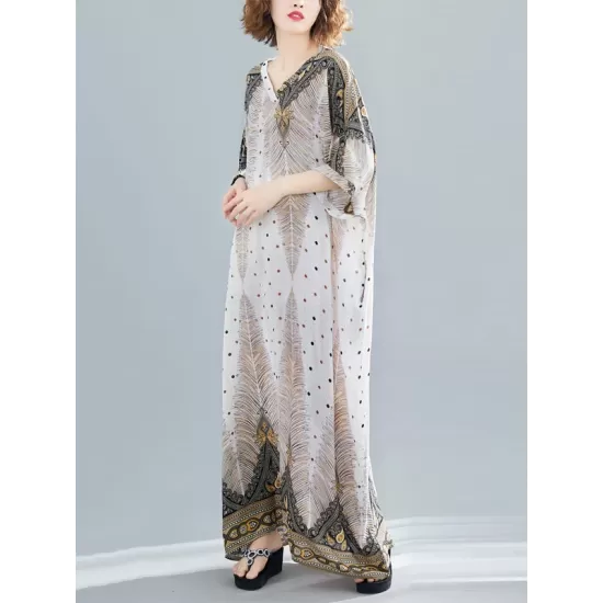 Ethnic Printed Plus Size V-Neck Batwing Sleeve Maxi Dress