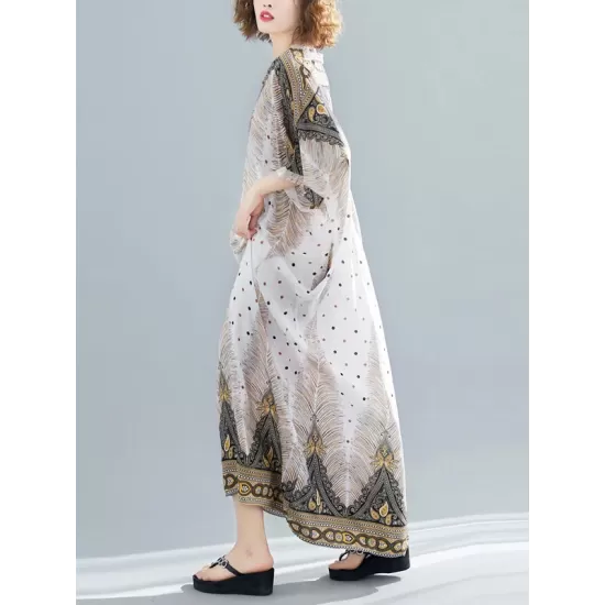 Ethnic Printed Plus Size V-Neck Batwing Sleeve Maxi Dress