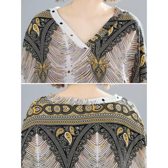 Ethnic Printed Plus Size V-Neck Batwing Sleeve Maxi Dress