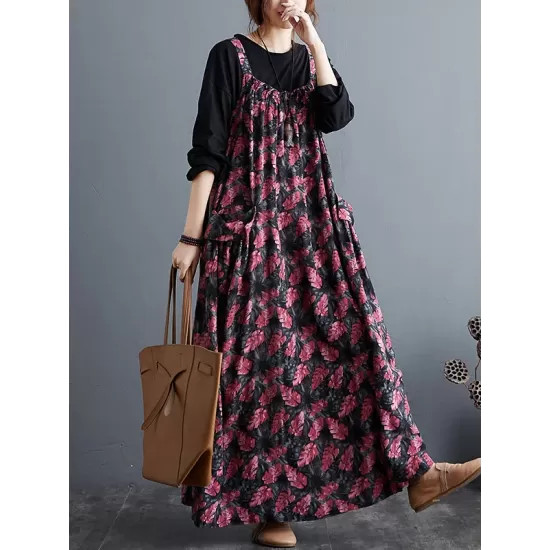 Artistic Retro Ramie Cotton Loose 3 Colors Floral Printed Square-Neck Sleeveless Strap Dress