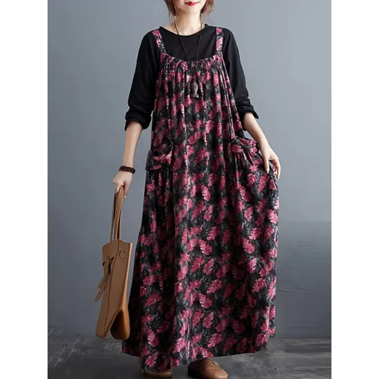 Artistic Retro Ramie Cotton Loose 3 Colors Floral Printed Square-Neck Sleeveless Strap Dress