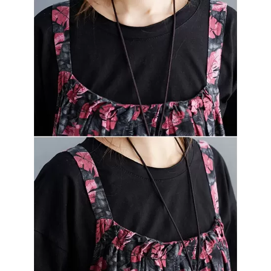 Artistic Retro Ramie Cotton Loose 3 Colors Floral Printed Square-Neck Sleeveless Strap Dress