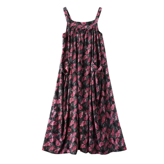 Artistic Retro Ramie Cotton Loose 3 Colors Floral Printed Square-Neck Sleeveless Strap Dress