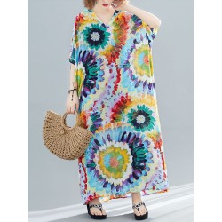 Vintage Loose Tie-Dyed Batwing Sleeves V-Neck Maxi Dress