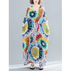 Vintage Loose Tie-Dyed Batwing Sleeves V-Neck Maxi Dress