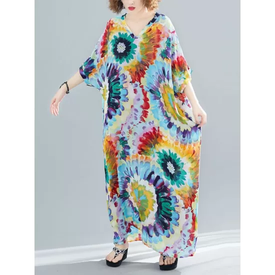 Vintage Loose Tie-Dyed Batwing Sleeves V-Neck Maxi Dress