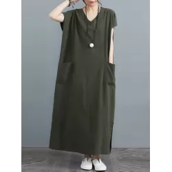 Simple Ramie Cotton Solid Color Split-Side With Pocket V-Neck Short Sleeves Maxi Dress