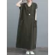 Simple Ramie Cotton Solid Color Split-Side With Pocket V-Neck Short Sleeves Maxi Dress