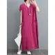 Simple Ramie Cotton Solid Color Split-Side With Pocket V-Neck Short Sleeves Maxi Dress