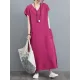 Simple Ramie Cotton Solid Color Split-Side With Pocket V-Neck Short Sleeves Maxi Dress