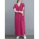 Simple Ramie Cotton Solid Color Split-Side With Pocket V-Neck Short Sleeves Maxi Dress