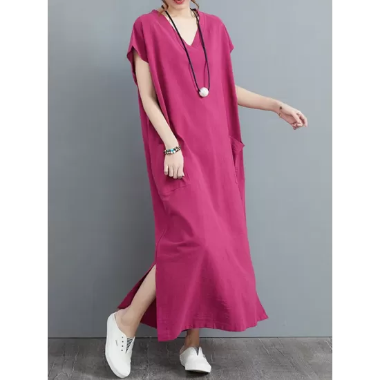 Simple Ramie Cotton Solid Color Split-Side With Pocket V-Neck Short Sleeves Maxi Dress