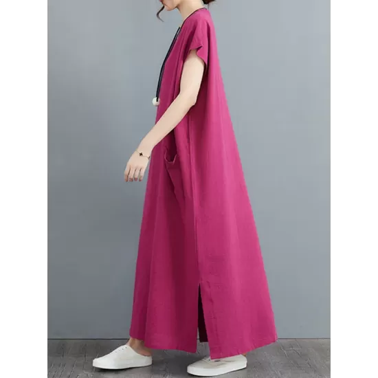 Simple Ramie Cotton Solid Color Split-Side With Pocket V-Neck Short Sleeves Maxi Dress