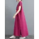 Simple Ramie Cotton Solid Color Split-Side With Pocket V-Neck Short Sleeves Maxi Dress