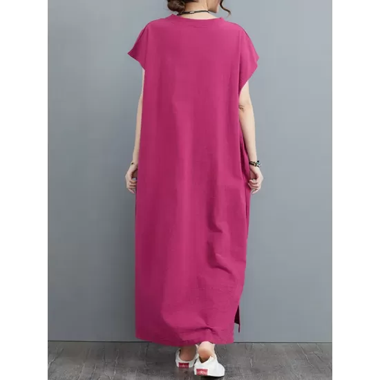 Simple Ramie Cotton Solid Color Split-Side With Pocket V-Neck Short Sleeves Maxi Dress