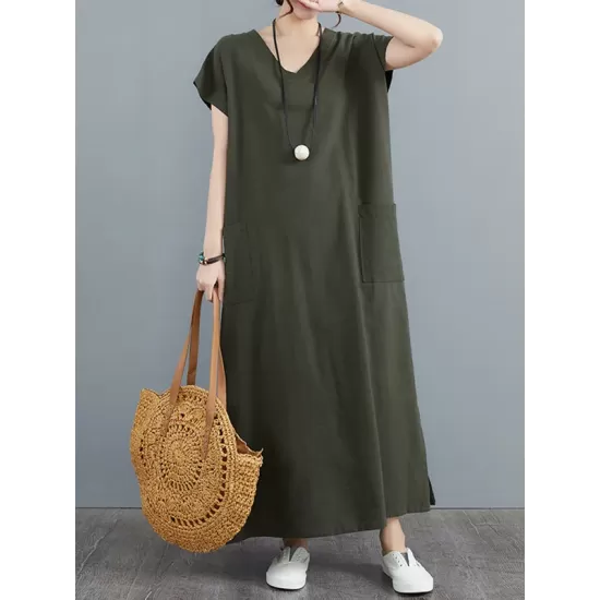 Simple Ramie Cotton Solid Color Split-Side With Pocket V-Neck Short Sleeves Maxi Dress