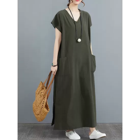 Simple Ramie Cotton Solid Color Split-Side With Pocket V-Neck Short Sleeves Maxi Dress