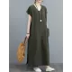 Simple Ramie Cotton Solid Color Split-Side With Pocket V-Neck Short Sleeves Maxi Dress