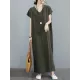 Simple Ramie Cotton Solid Color Split-Side With Pocket V-Neck Short Sleeves Maxi Dress