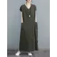 Simple Ramie Cotton Solid Color Split-Side With Pocket V-Neck Short Sleeves Maxi Dress