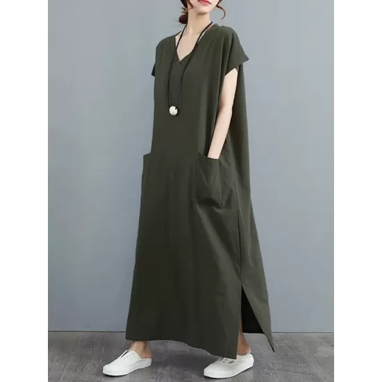 Simple Ramie Cotton Solid Color Split-Side With Pocket V-Neck Short Sleeves Maxi Dress