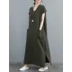 Simple Ramie Cotton Solid Color Split-Side With Pocket V-Neck Short Sleeves Maxi Dress