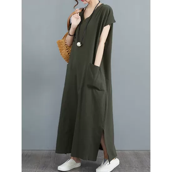 Simple Ramie Cotton Solid Color Split-Side With Pocket V-Neck Short Sleeves Maxi Dress