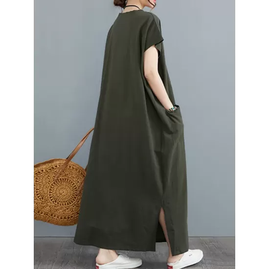 Simple Ramie Cotton Solid Color Split-Side With Pocket V-Neck Short Sleeves Maxi Dress