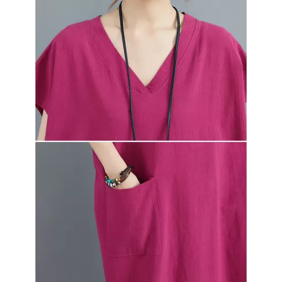 Simple Ramie Cotton Solid Color Split-Side With Pocket V-Neck Short Sleeves Maxi Dress