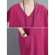 Simple Ramie Cotton Solid Color Split-Side With Pocket V-Neck Short Sleeves Maxi Dress