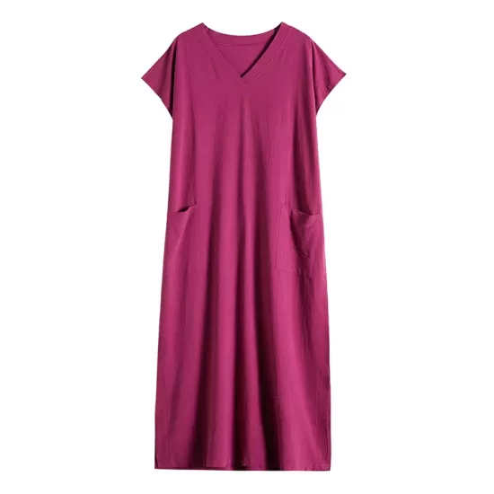 Simple Ramie Cotton Solid Color Split-Side With Pocket V-Neck Short Sleeves Maxi Dress