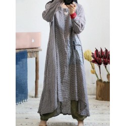 Loose Vintage Linen Plaid Round-neck Long Dress