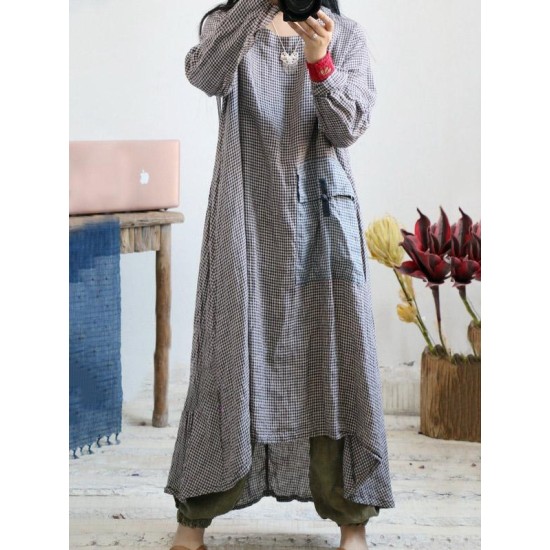 Loose Vintage Linen Plaid Round-neck Long Dress