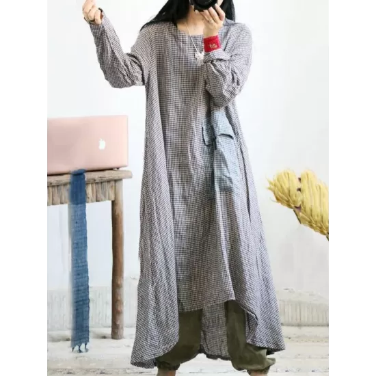 Loose Vintage Linen Plaid Round-neck Long Dress