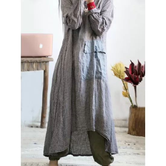 Loose Vintage Linen Plaid Round-neck Long Dress