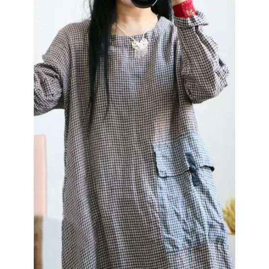 Loose Vintage Linen Plaid Round-neck Long Dress