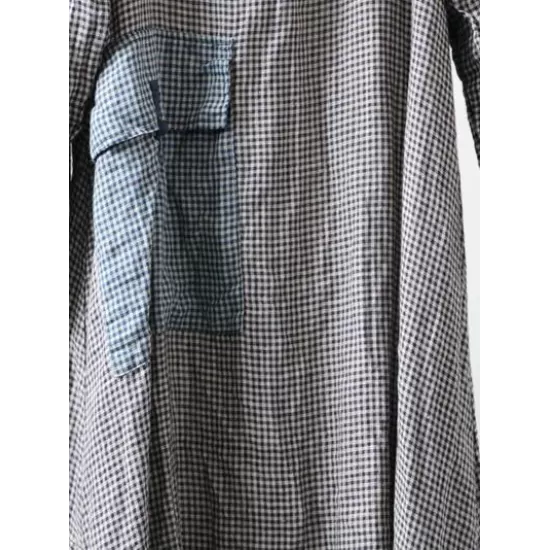 Loose Vintage Linen Plaid Round-neck Long Dress