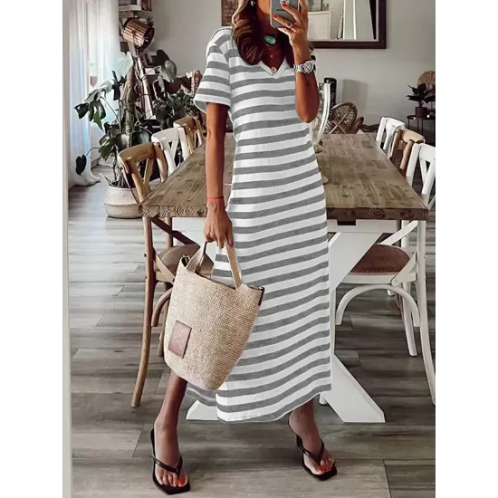 Printed Split-Side Striped A-Line Loose V-Neck Midi Dresses