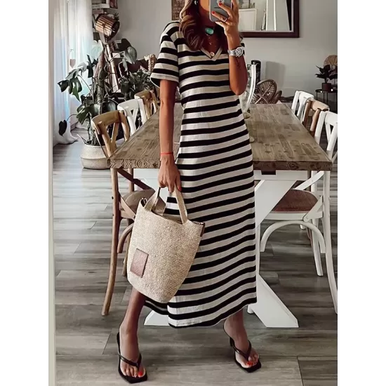 Printed Split-Side Striped A-Line Loose V-Neck Midi Dresses