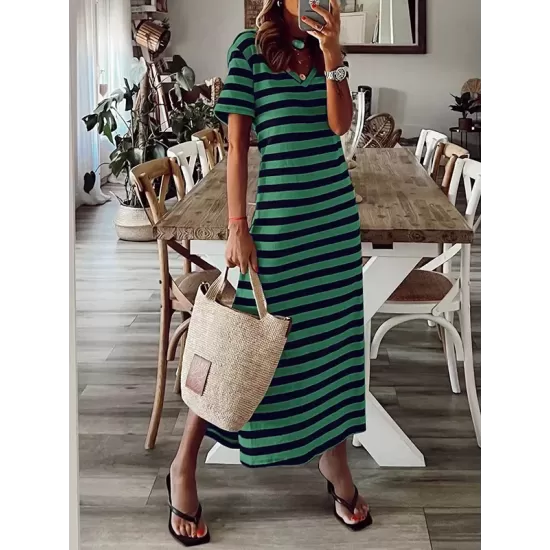 Printed Split-Side Striped A-Line Loose V-Neck Midi Dresses