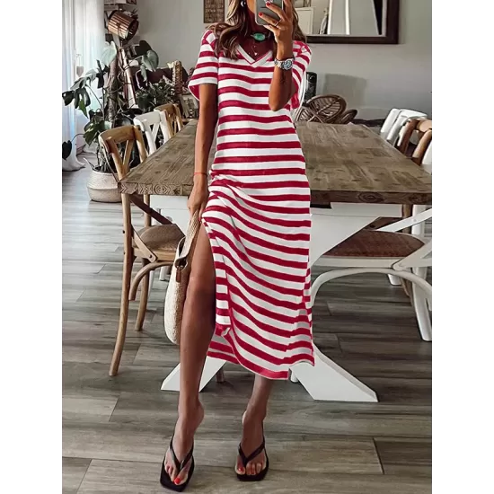 Printed Split-Side Striped A-Line Loose V-Neck Midi Dresses